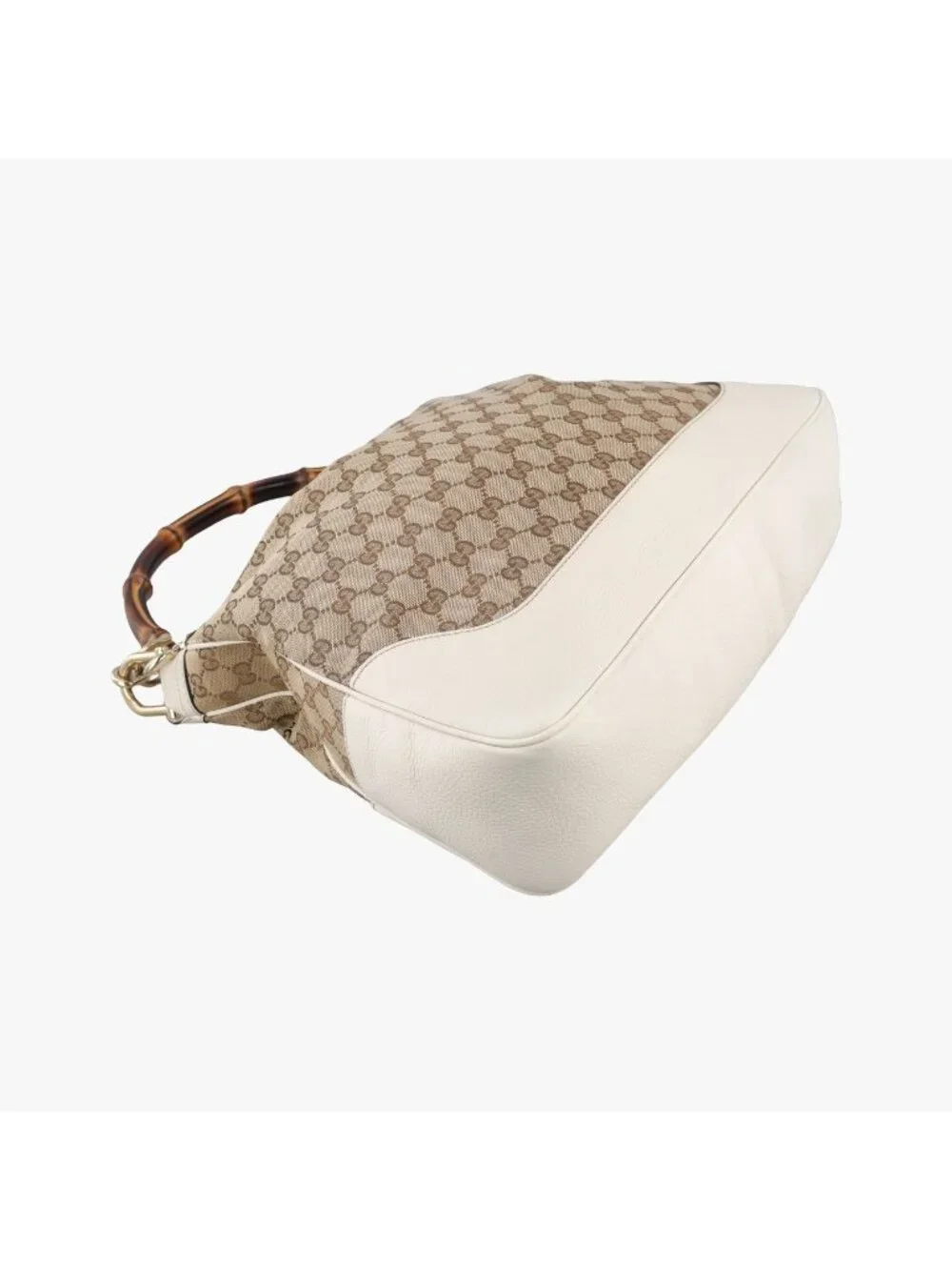 Gucci Bamboo Beige White Canvas Leather Shoulder Bag